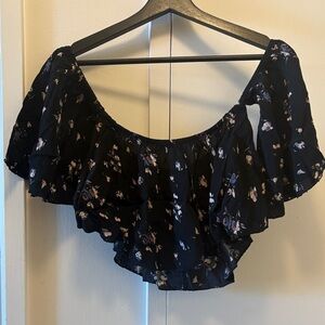 Chic Black Floral Ruffle Blouse